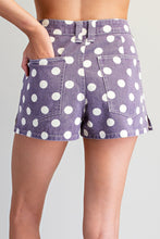 Load image into Gallery viewer, Purple Polka Dot Denim Shorts