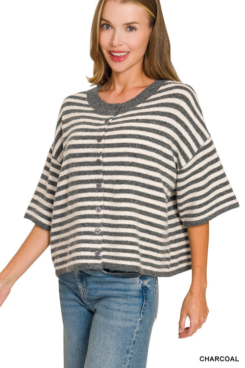 Grey Striped Half Sleeve Cardigan Sweater