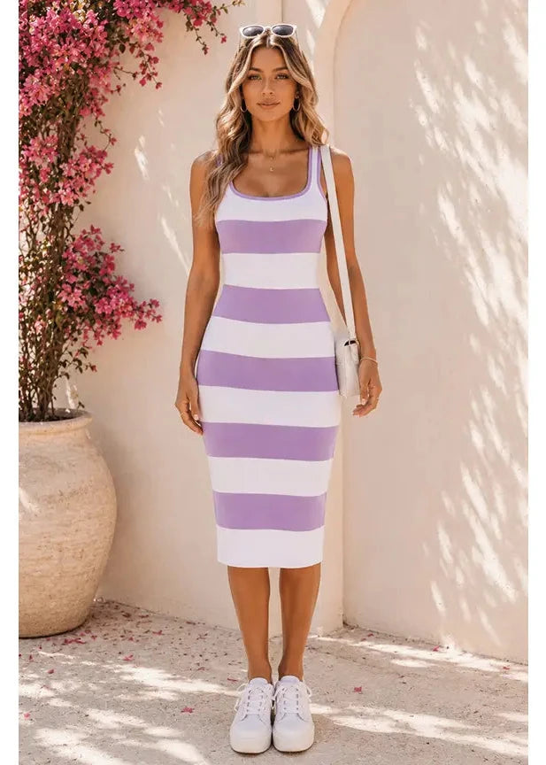 Lavender Striped Knitted Sweater Midi Dress