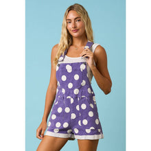 Load image into Gallery viewer, Game Day Polka Dot Romper Bib Overalls in Purple by mittoshop
