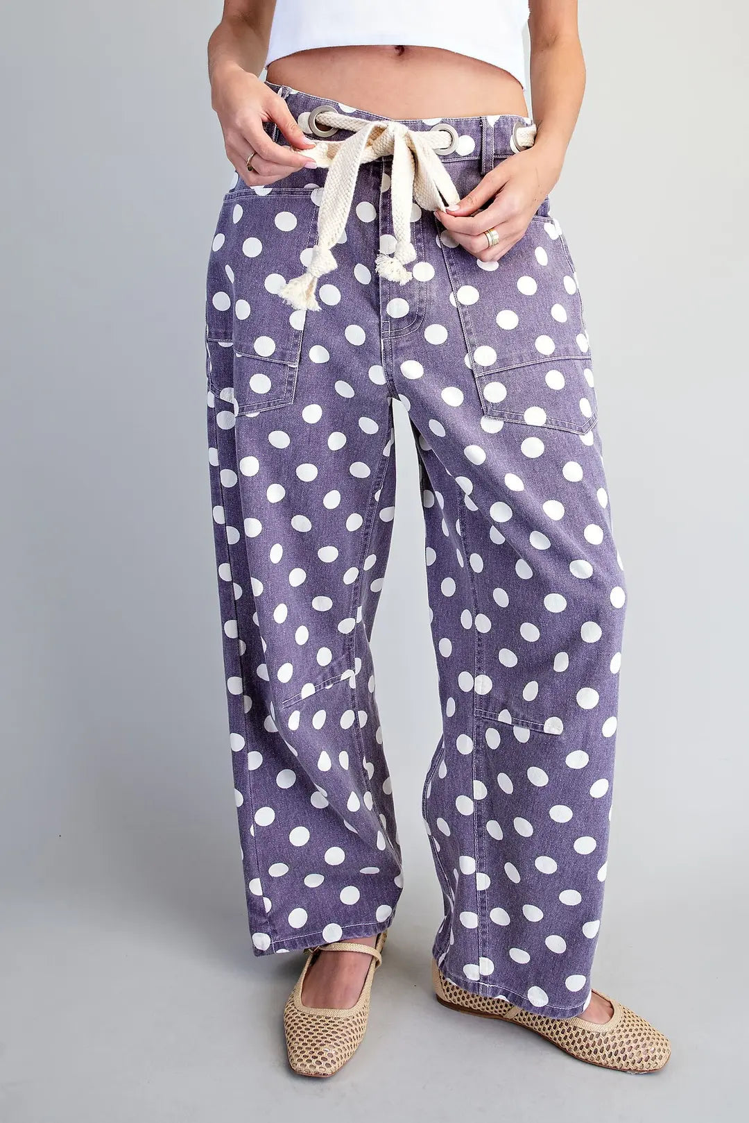 Polka Dot Drawstring Barrel Jeans