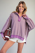 Purple Striped  Washed Long Sleeve Pullover