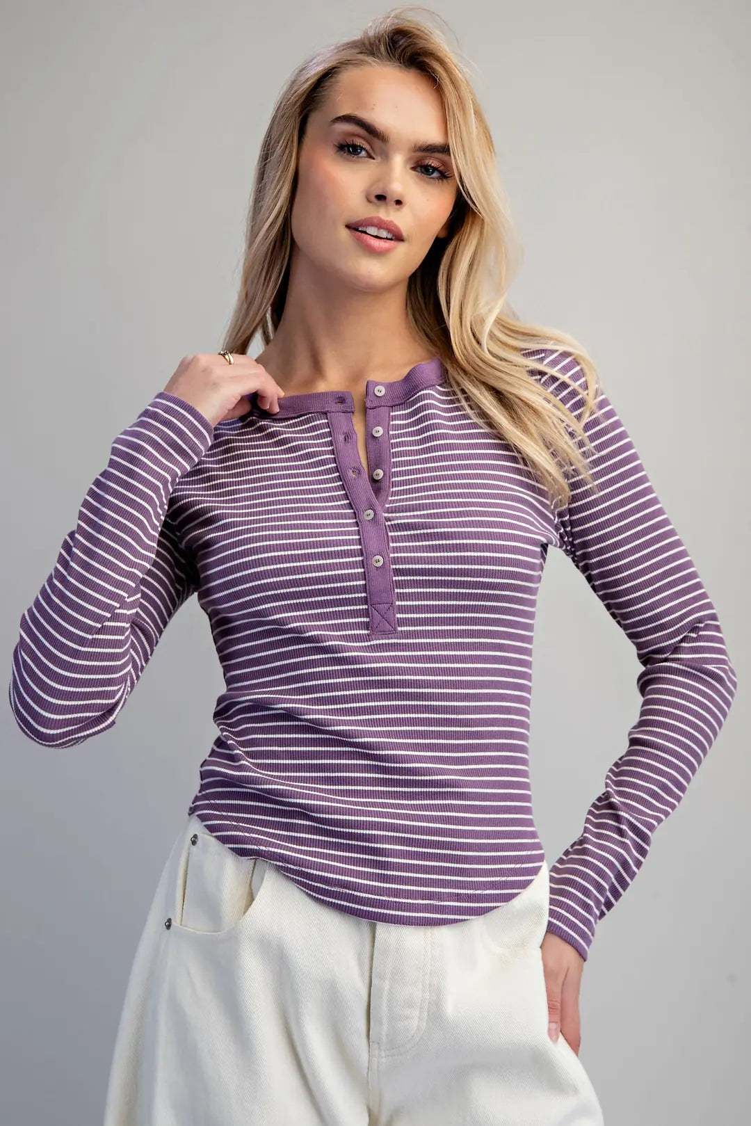 Henley Striped Purple Long Sleeve