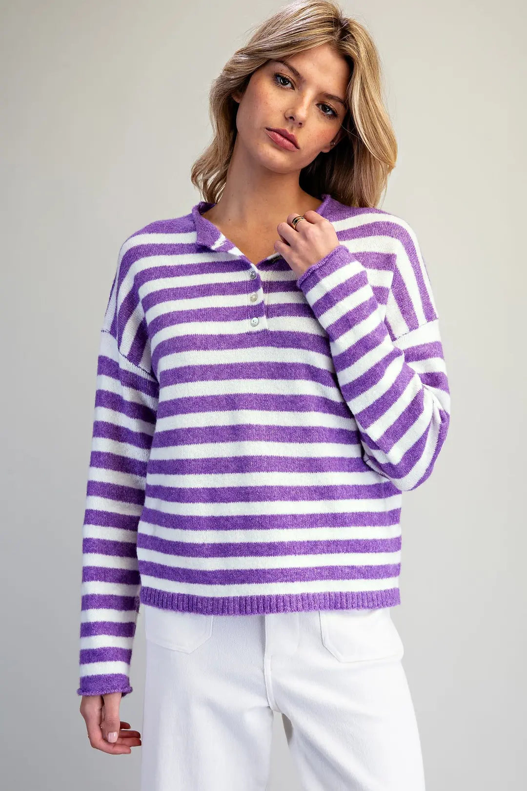 Purple and White Stripped Button Down Sweater