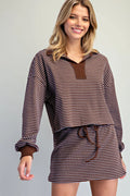 Blue and Brown Striped Long Sleeve Collared Top