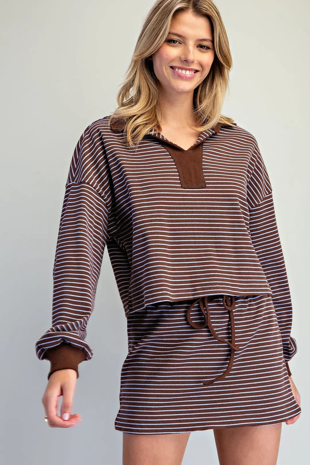 Blue and Brown Striped Long Sleeve Collared Top