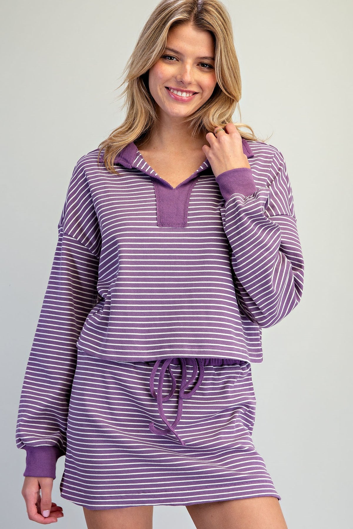 Purple Striped Long Sleeve Collared