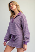 Purple Striped Long Sleeve Collared