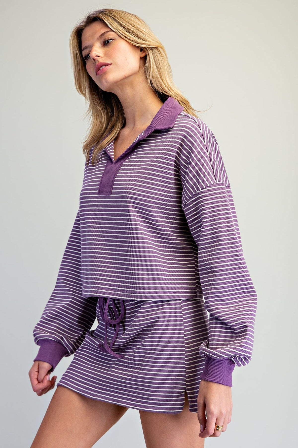 Purple Striped Long Sleeve Collared
