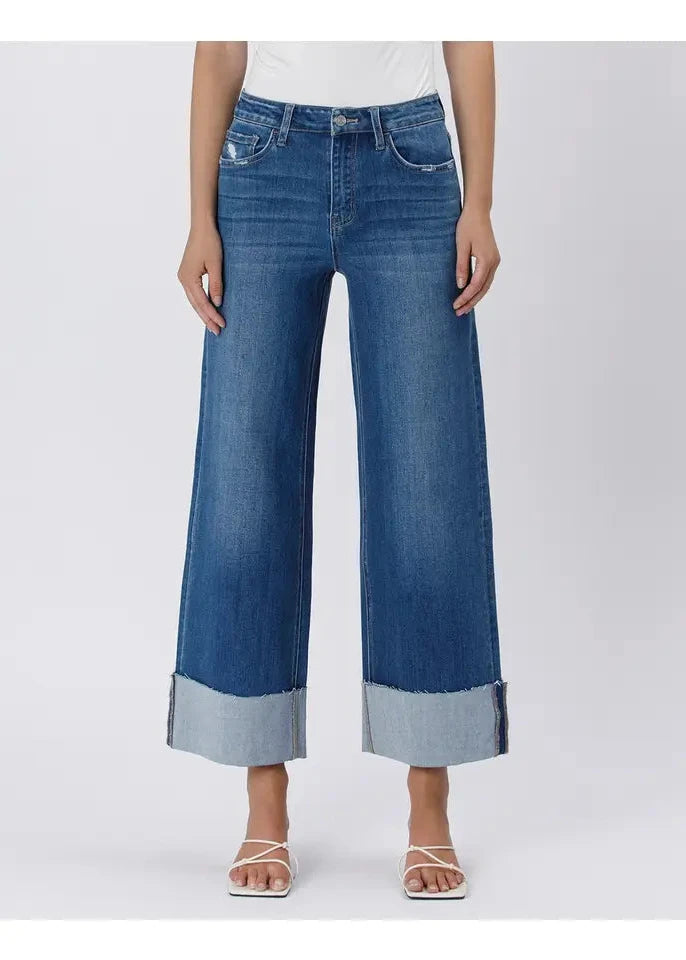 High Rise Cuffed Ankle Wide Jeans