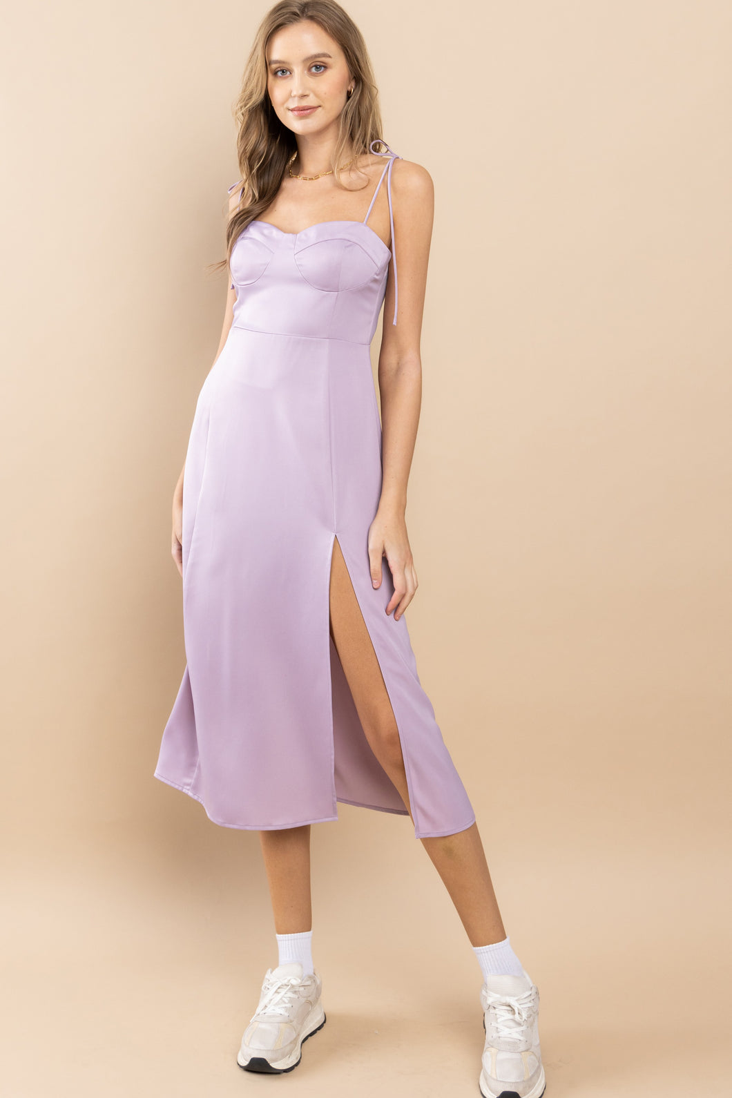 Lavender Satin Spaghetti Strap Midi Dress