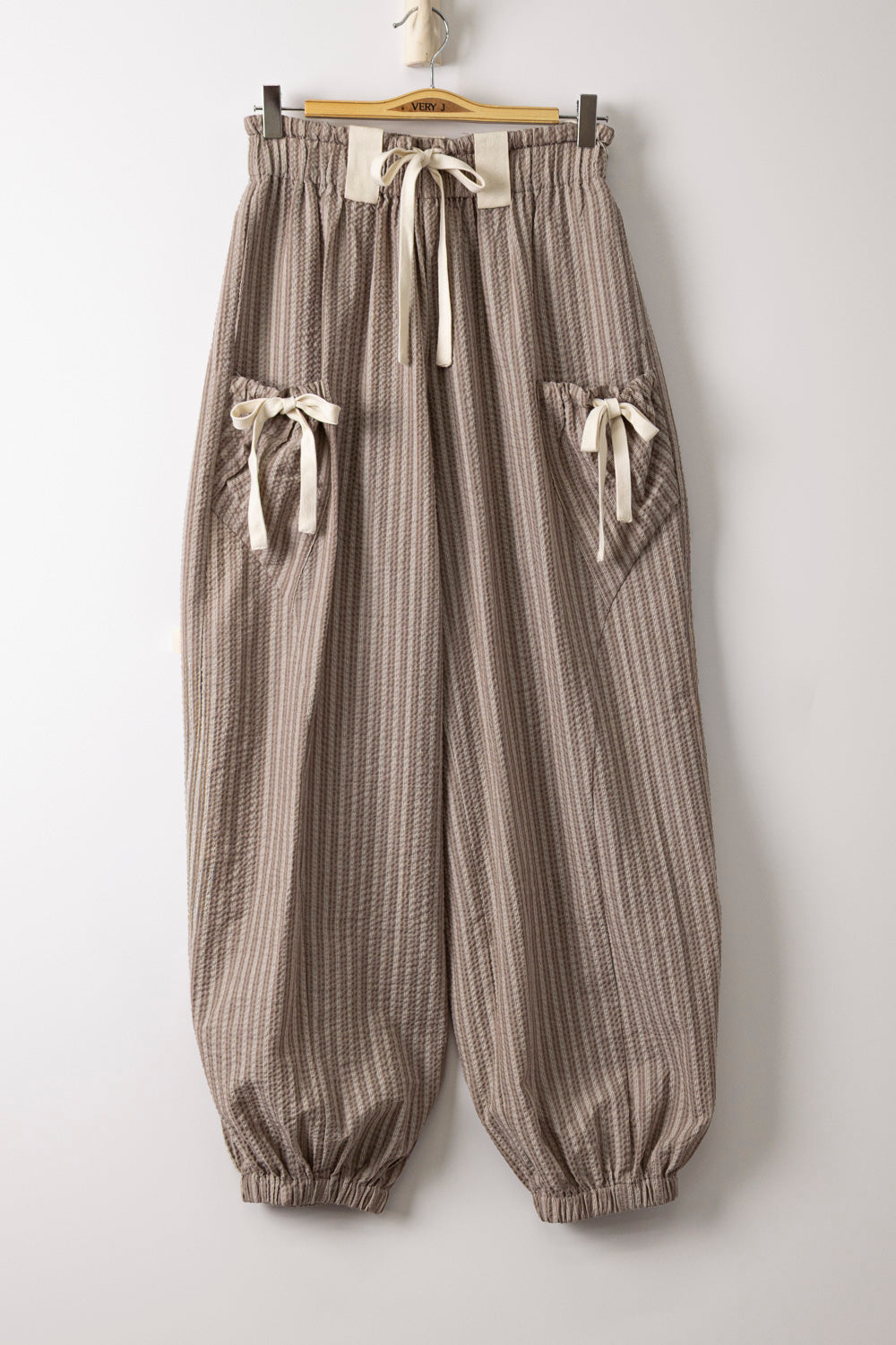 Taupe Striped Woven Barrel Pants