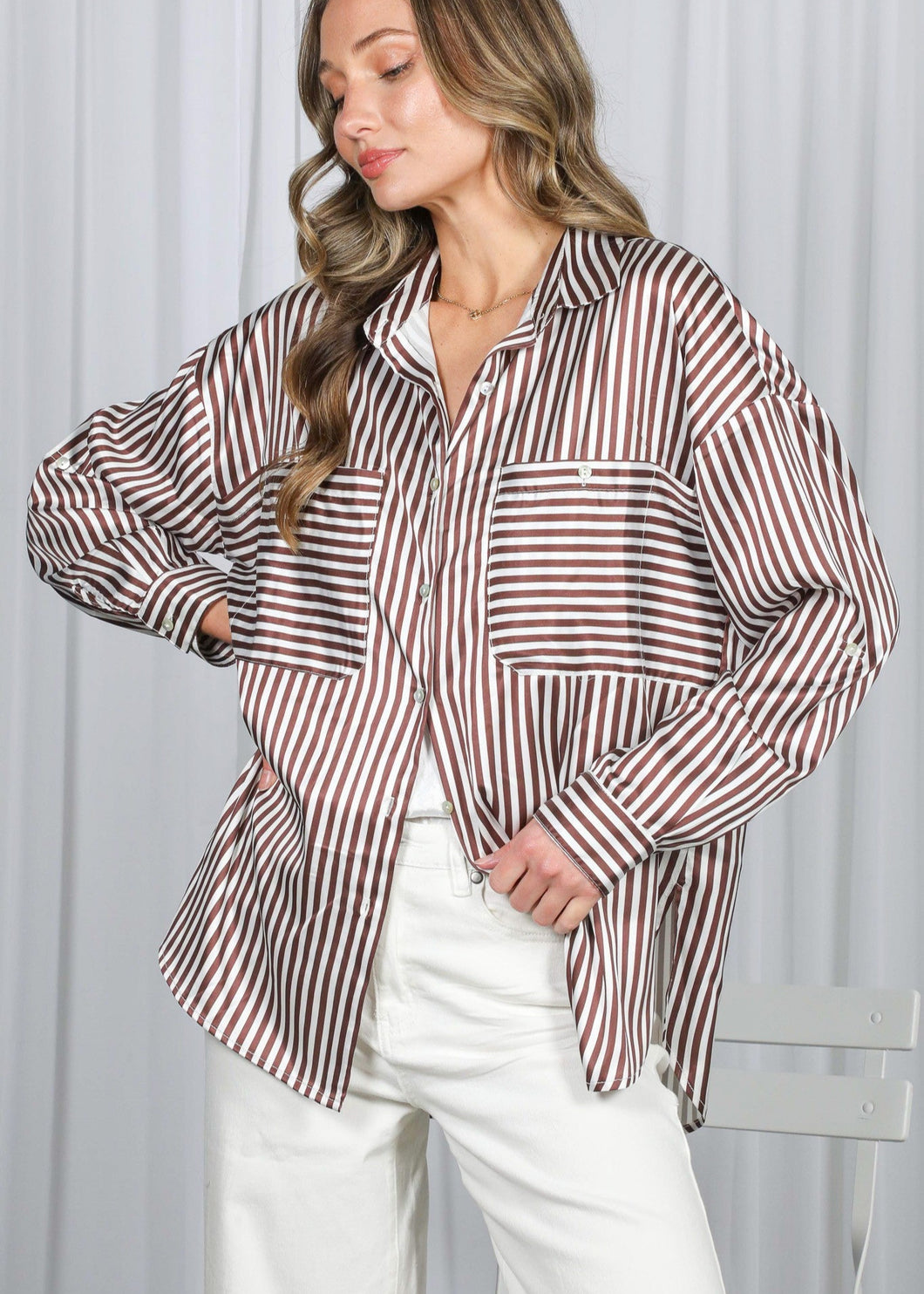 Long Sleeve Pocket Detail Striped Satin Shirt
