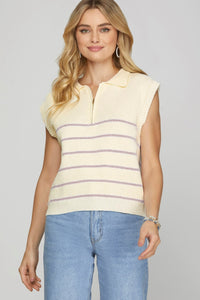 White Have Zip Lavender Stripe Top