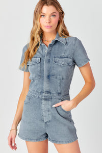 Fitted Short Sleeve Denim Romper