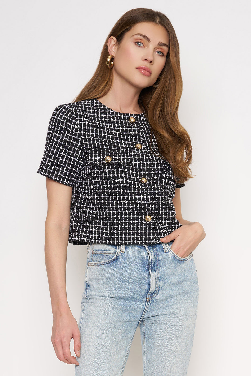 Short Sleeve Tweed Black Blazer