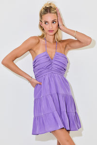 A2645-BB - Halter Ruched Light Purple Mini Dress