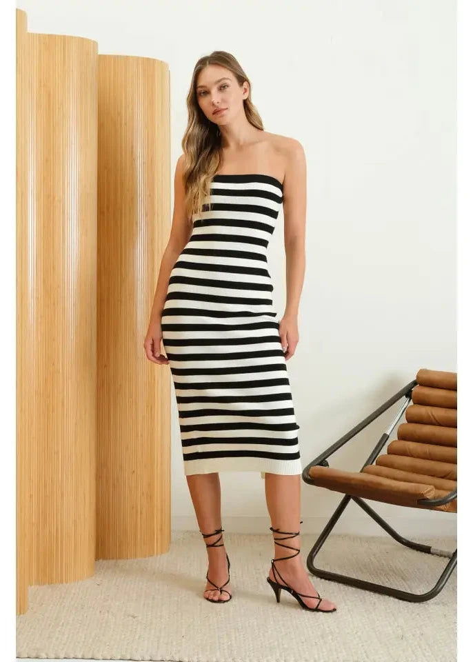 Black Stripped Knitted Midi Dress
