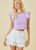 Ribbed Knit Ruffle Sleeve Top