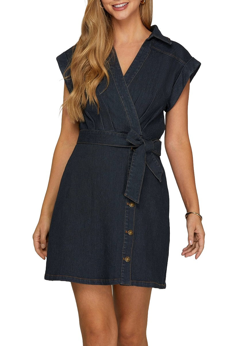 Short Sleeve V-Neck Denim Dress