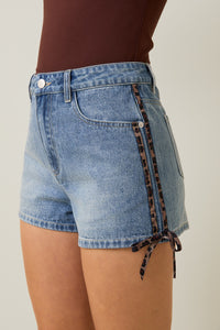 Denim Shorts Withe Leopard Ribbon Bow Detail