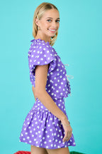 Polka Dot Bubble Sleeve Ruffle Details W/tie Top