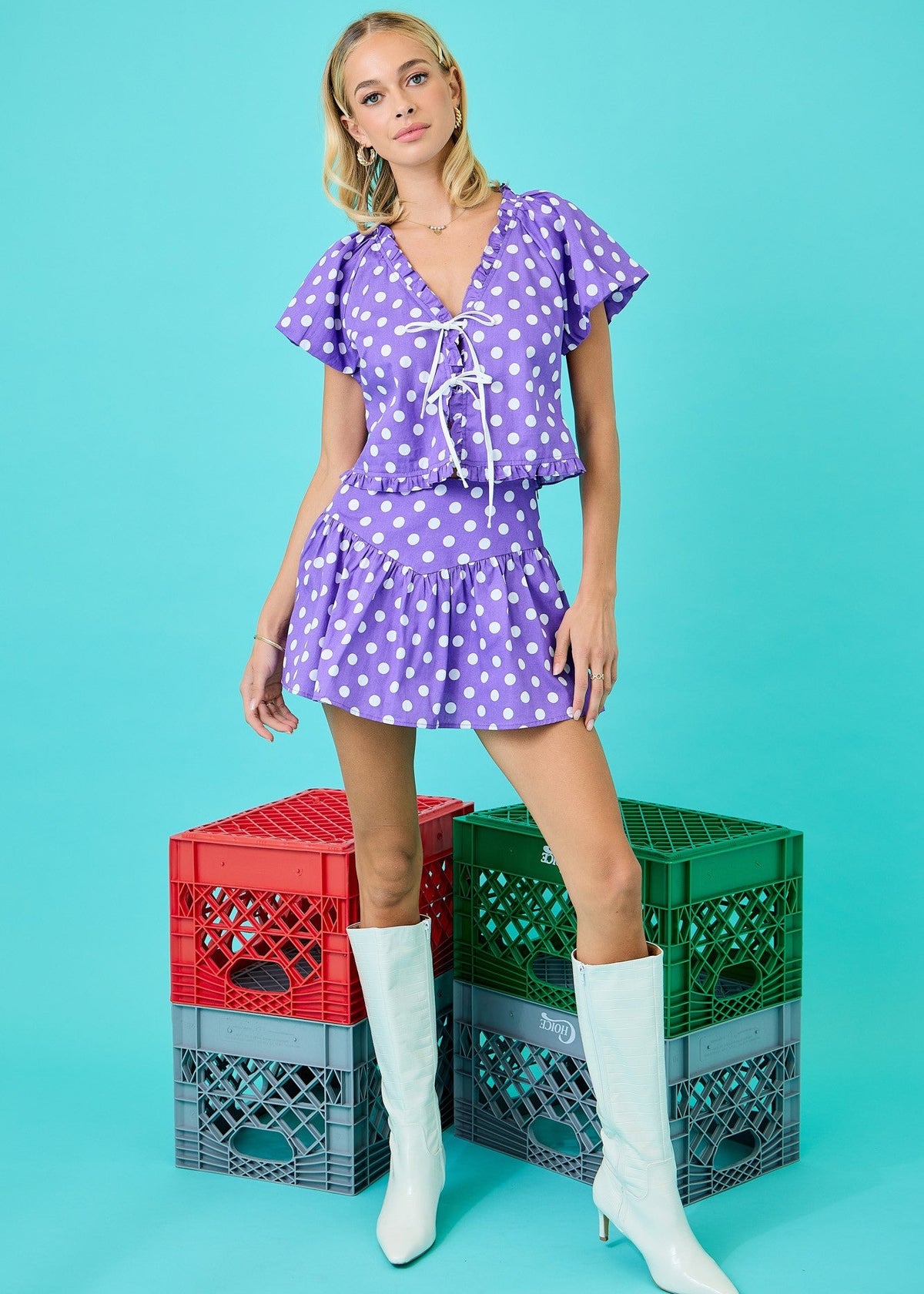 Polka Dot Bubble Sleeve Ruffle Details W/tie Top
