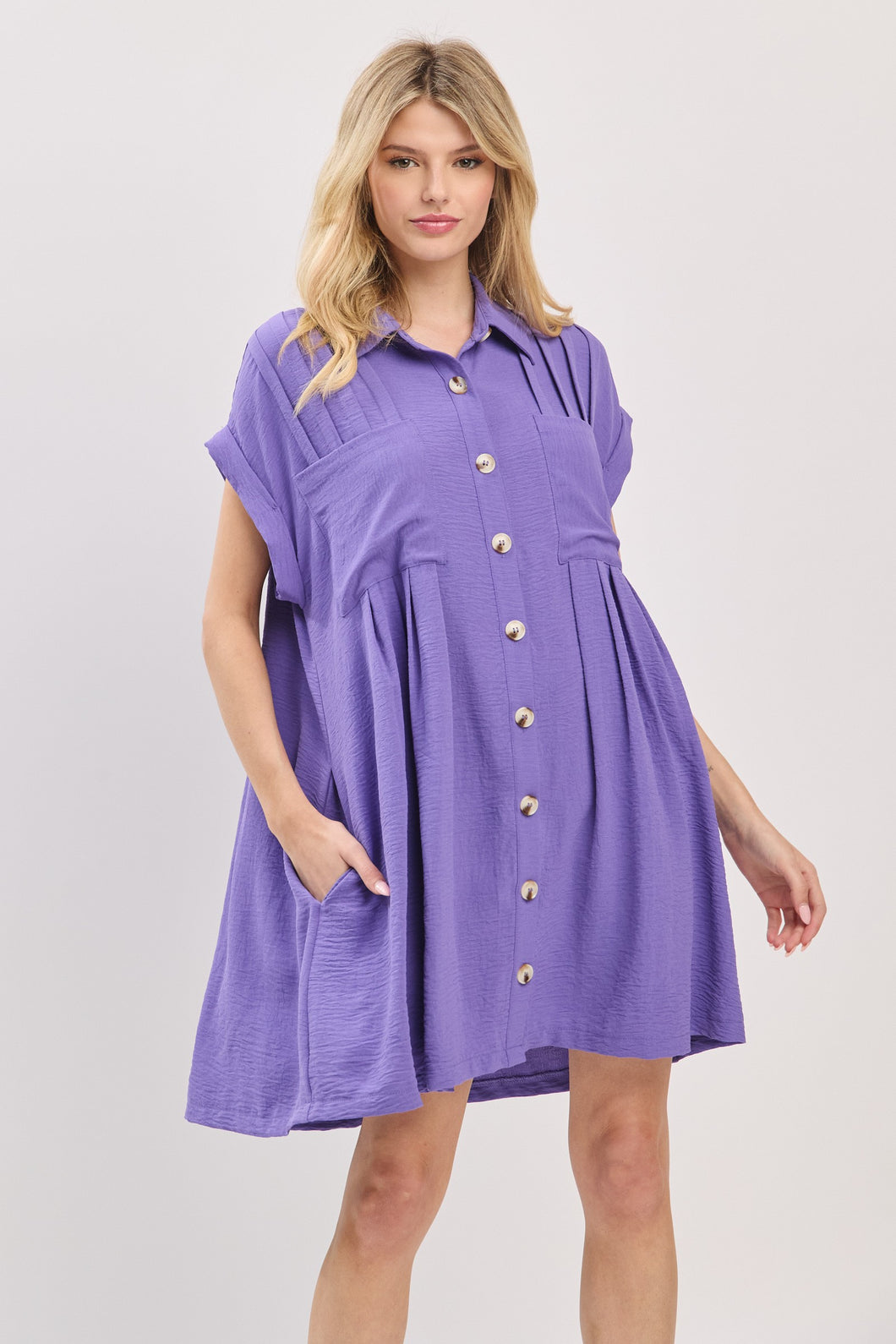 Purple Button-Front Airflow Shirt Dress