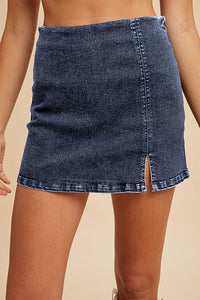 Stretch Black Denim Side Slit Skort