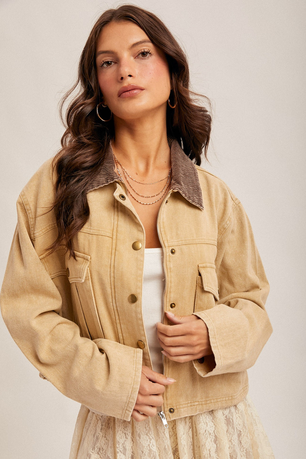 Corduroy Collar Contrast Crop Jacket
