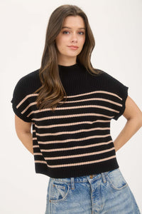 Black Striped Mock Neck Sweater