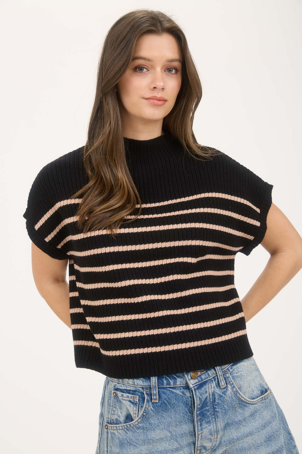 Black Striped Mock Neck Sweater