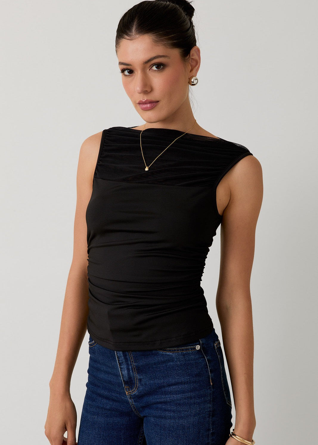 Black Boat Neck Sleeveless Mesh Top