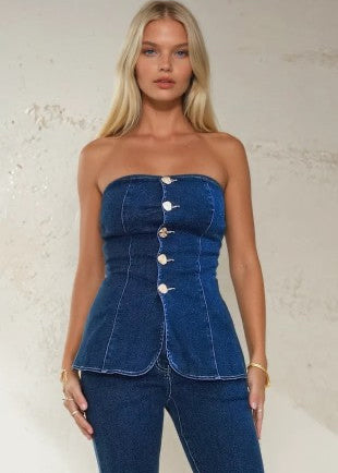 Button Down Stretchy Denim Top