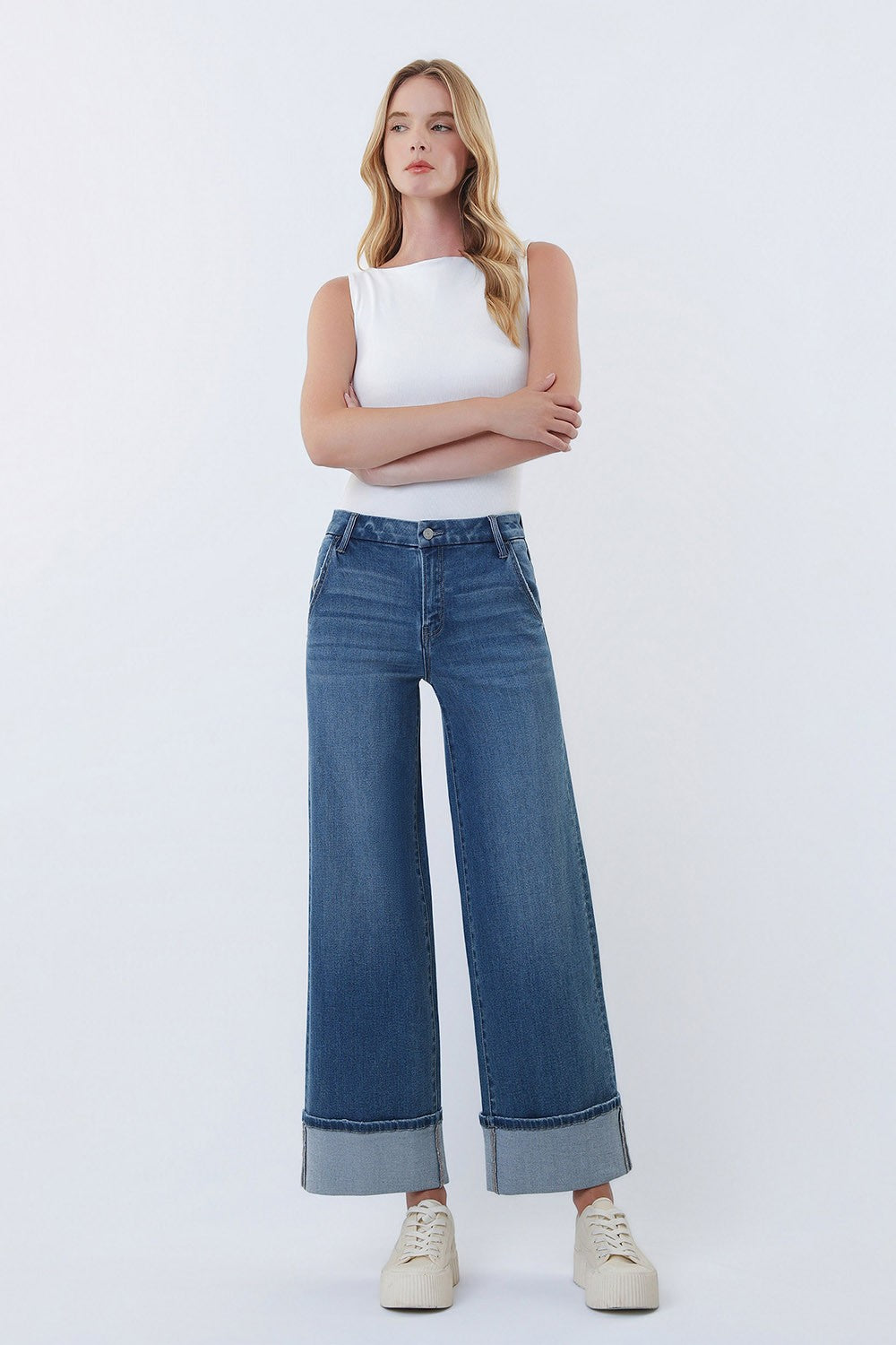 High Rise Wide Leg Cuffed Ankle Jeans