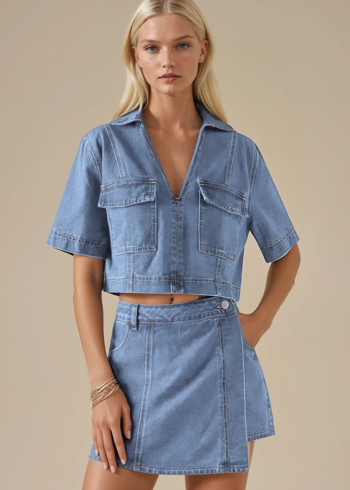Mid Wash Denim Short Sleeve Cropped Top
