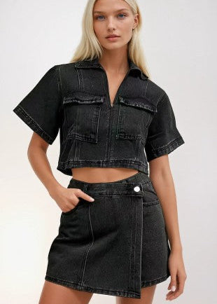 Black Denim Short Sleeve Cropped Top