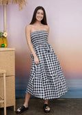 Plaid Strapless Smocked Midi Dress