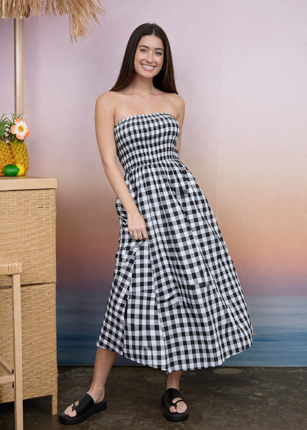 Plaid Strapless Smocked Midi Dress
