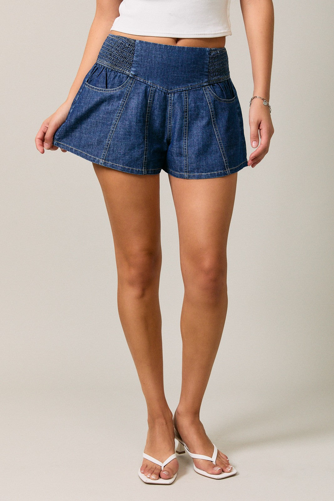 Dark Denim Detail Flare Shorts