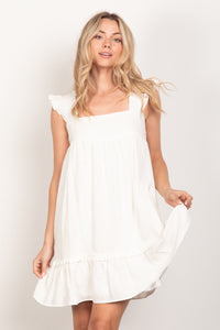 Ruffled Linen White Midi Dress
