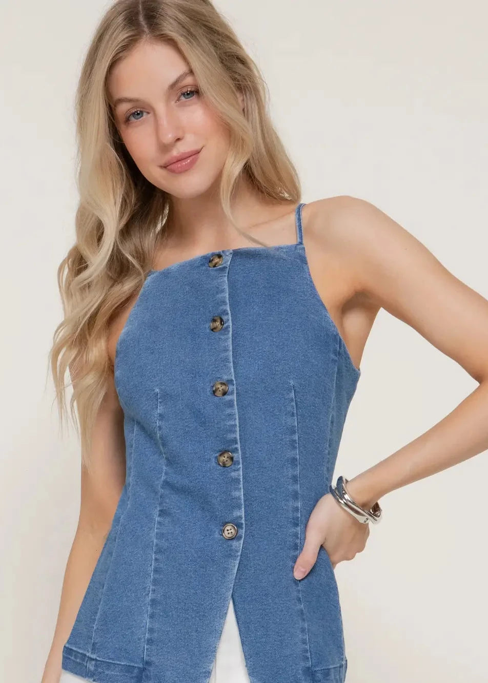 Square Neckline Button Down Denim Top