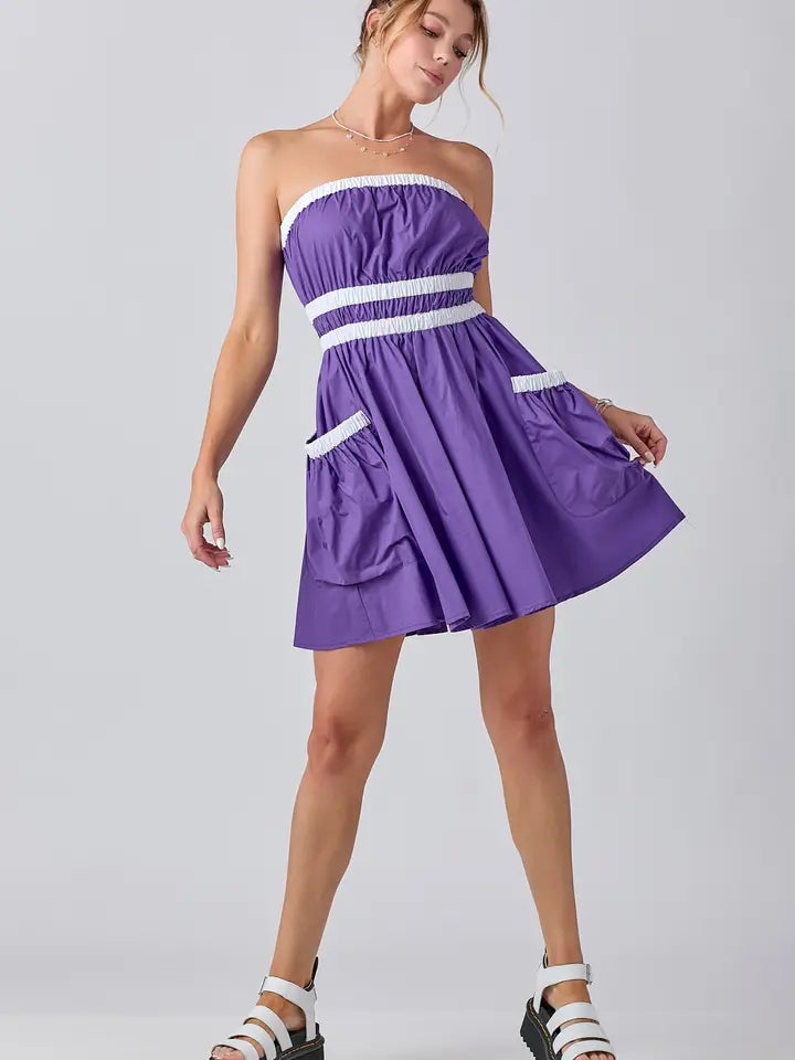 Purple Strapless Pocket Dress