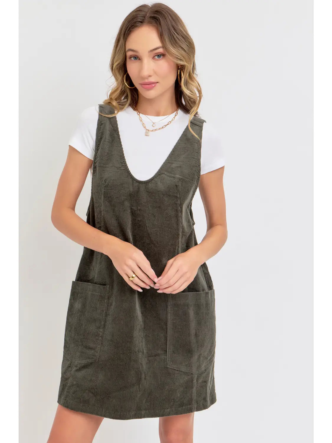 olive green corduroy overall dress Lovskoo Women's Cute Corduroy Overall Bib Dress Pinafore Suspender Dress Skirt Jumper Dress with Pockets Olive Green 2XL
