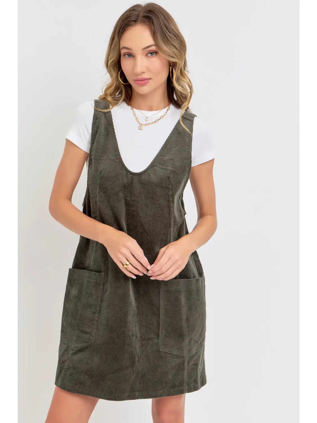 Olive Corduroy Overall Dress