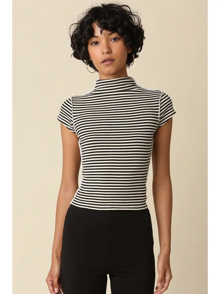 Black and White Striped Mock Neck Top