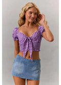 Purple Gingham Short Puff Sleeve Tie Top