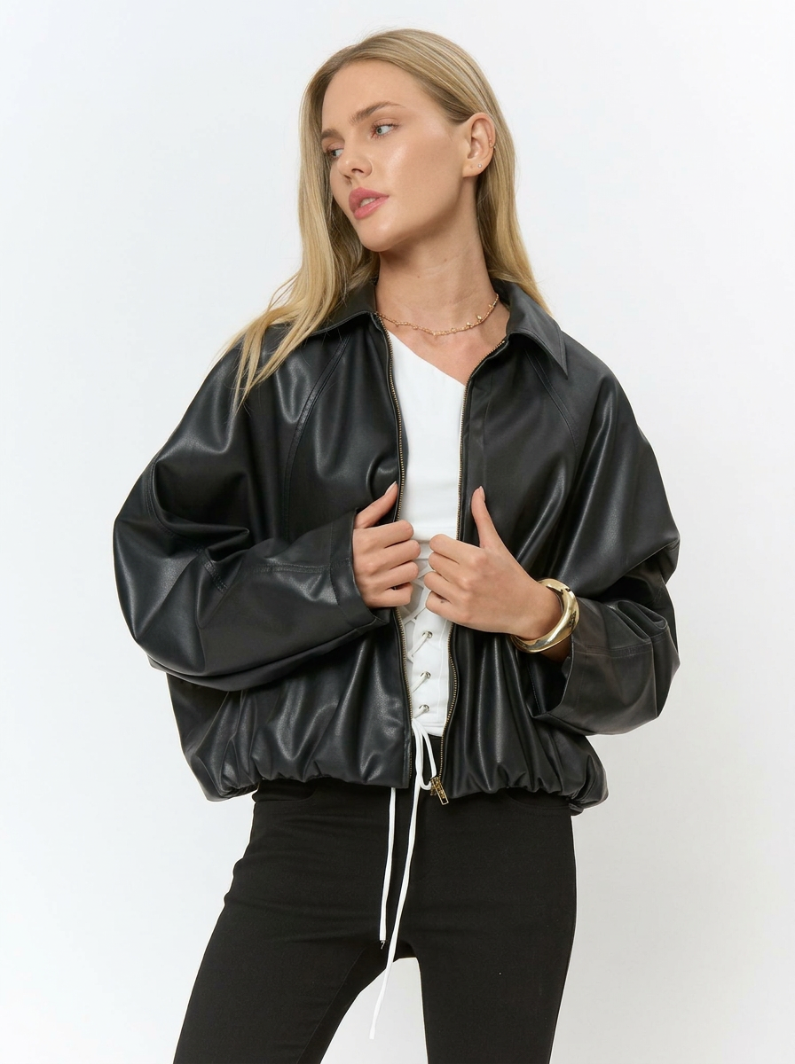 Hem Raglan Sleeve Faux PU Jacket in Black by Berry Mellow