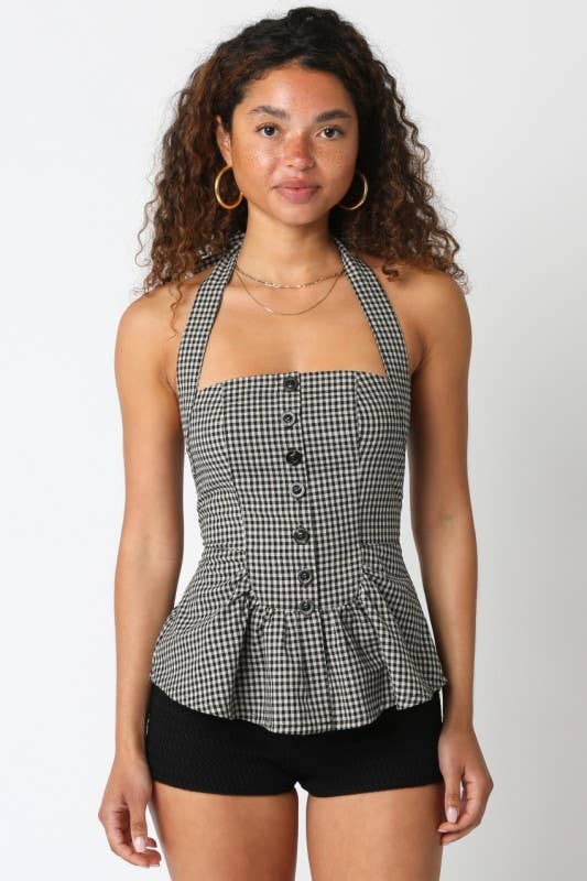 Briana Checkered Halter Top in Black Taupe by Olivaceous
