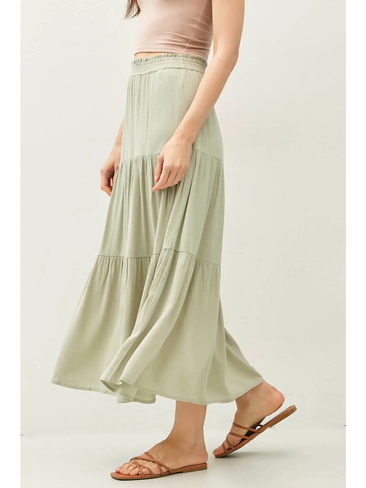 Smocked Waist Tiered Sage Maxi Skirt